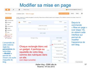 Modifier sa mise en page


                                                                      Depuis la
                                                                      commande
                                                                      « Mise en page »
                                                                      (voir diapo 14),
                                                                      on obtient cette
                                                                      interface qui
                                                                      permet de
                                                                      modifier
L’ensemble de                                                         l’apparence de
cette colonne                                                         son blog.
règle les           Chaque rectangle blanc est
paramètres de       un gadget. Il participe au
votre blog.
                    squelette de votre blog,
« Modèle »
permet de           comme des rubriques dans
choisir une autre   un site.
maquette de         (voir diapo suivante)
blog
                                        Atelier blog - EMM ville de                17
                                          Roanne. V4 Oct 2012
 