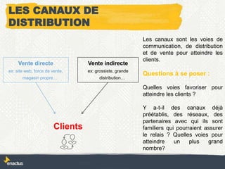 LES CANAUX DE
DISTRIBUTION
Clients
Vente indirecte
ex: grossiste, grande
distribution…
Vente directe
ex: site web, force de vente,
magasin propre…
Les canaux sont les voies de
communication, de distribution
et de vente pour atteindre les
clients.
Questions à se poser :
Quelles voies favoriser pour
atteindre les clients ?
Y a-t-il des canaux déjà
préétablis, des réseaux, des
partenaires avec qui ils sont
familiers qui pourraient assurer
le relais ? Quelles voies pour
atteindre un plus grand
nombre?
 