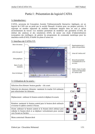 Atelier CAO (CATIA V5) ISET Nabeul
Elaboré par : Chouchéne Mohamed 1/51
Partie I : Présentation du logiciel CATIA
1- Introduction :
CATIA, acronyme de Conception Assistée Tridimensionnelle Interactive Appliquée, est un
logiciel de CAO mis au point par la société Dassault Aviation pour ses propres activités. Il
regroupe un nombre important de modules totalement intégrés dans un seul et même
environnement de travail. Ces modules permettent de modéliser une géométrie (CAO), de
réaliser des analyses et des simulations (IAO), de mener une étude d’industrialisation
(conception des outillages), de générer les programmes de commande numérique pour les
machines-outils (FAO), d’établir les plans d’usines etc
2- Interface de CATIA V5:
3- Utilisation de la souris :
Sélection d'un élément: bouton gauche – clic court.
Sélection de plusieurs éléments: maintenir la touche Ctrl enfoncée
puis sélectionner les éléments. Ctrl +
Déplacement : enfoncer le bouton central et déplacer la sourie
Rotation: maintenir le bouton central puis le bouton droit enfoncés
et tourner la sphère centrée à l'écran.
Zoom: enfoncer le bouton central et le bouton droit enfoncé puis
relâcher le bouton droit et se déplacer verticalement pour zoomer
vers l'avant ou l'arrière. puis
Menu contextuel: Bouton droit
 