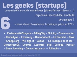 38[classification proposée par Armel Le Coz en juin 2016]
Les geeks (startups)construisent les outils numériques (plates-formes, réseaux…)
ergonomie, accessibilité, simplicité
des gadgets ?
« nous allons révolutionner la politique grâce au P2P »
•	 Parlement&Citoyens–TellMyCity–Fluicity–Communecter
– Demodyne – Civocracy – Democratech – Le Drenche – Voxe
– Change.org – We sign it – Avaaz – La Fabrique de la loi –
DemocracyOS – Loomio – Assembl – Stig – Curious – Politizr
– Open Spending – Democraty.earth – Fullmobs – …
6
 