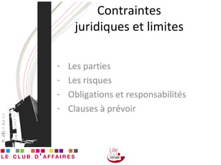 Contraintes juridiques et limites Les parties  Les risques Obligations et responsabilités Clauses à prévoir 