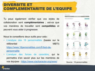 DIVERSITE ET
COMPLEMENTARITE DE L’EQUIPE
Tu peux également vérifier que vos styles de
collaboration sont complémentaires ; est-ce que
vos manières de travailler sont compatibles et
peuvent vous aider à progresser.
Nous te conseillons deux outils pour cela :
• L’analyse des 16 personnalités (basée sur le
référentiel MBTI)
https://www.16personalities.com/fr/test-de-
personnalite
• L’analyse des forces de caractère, qui te
permettra d’en savoir plus sur les membres de
vos équipes : https://www.viacharacter.org/www/ Source : 16 personnalités
 