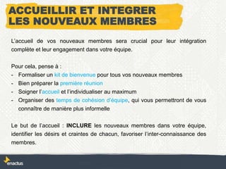 ACCUEILLIR ET INTEGRER
LES NOUVEAUX MEMBRES
L’accueil de vos nouveaux membres sera crucial pour leur intégration
complète et leur engagement dans votre équipe.
Pour cela, pense à :
- Formaliser un kit de bienvenue pour tous vos nouveaux membres
- Bien préparer la première réunion
- Soigner l’accueil et l’individualiser au maximum
- Organiser des temps de cohésion d’équipe, qui vous permettront de vous
connaître de manière plus informelle
Le but de l’accueil : INCLURE les nouveaux membres dans votre équipe,
identifier les désirs et craintes de chacun, favoriser l’inter-connaissance des
membres.
 