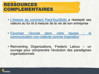 RESSOURCES
COMPLEMENTAIRES
• L’histoire de comment PackYourSkills a réadapté ses
valeurs au fur et à mesure de la vie de son entreprise
• Favoriser l’écoute dans votre équipe : la
communication non-violente comme inspiration
• Reinventing Organizations, Frederic Laloux – un
ouvrage pour comprendre l’évolution des paradigmes
organisationnels
 