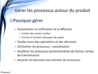 Gérer les processus autour du produit

              Pourquoi gérer
              – Automatiser la notification et la diffusion 
                 • Limiter des saisies inutiles
                 • Limiter le transfert physique de papier 
              – Garder trace des opérations et des décisions
              – Orchestrer les processus : coordination
              – Accélérer les processus (automatisation de tâches, temps 
                de transmission)
              – Associer les données aux activités du processus 


© jdplm2011
 
