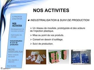 NOS ACTIVITES
                A PROPOS
                D'ACTIFOR
                                  INDUSTRIALISATION & SUIVI DE PRODUCTION
                NOS
                ACTIVITES
              Développement de      Un réseau de mouliste, prototypiste et des acteurs
              nouveaux produits   de l’injection plastique.
              Optimisation de       Mise au point de vos produits.
              concept

           Industrialisation
                                    Conseil en dessin d’outillage.
           & suivi de
           production               Suivi de production.

        NOTRE
        AVENTURE PLM
        Notre contexte
        de travail

        Nos objectifs à
        atteindre

       Nos résultats
© jdplm2011
 