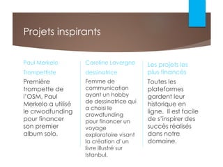 Projets inspirants
Paul Merkelo
Trompettiste
Caroline Lavergne
dessinatrice
Les projets les
plus financés
Première
trompette de
l’OSM, Paul
Merkelo a utilisé
le crwodfunding
pour financer
son premier
album solo.
Femme de
communication
ayant un hobby
de dessinatrice qui
a choisi le
crowdfunding
pour financer un
voyage
exploratoire visant
la création d’un
livre illustré sur
Istanbul.
Toutes les
plateformes
gardent leur
historique en
ligne. Il est facile
de s’inspirer des
succès réalisés
dans notre
domaine.
 