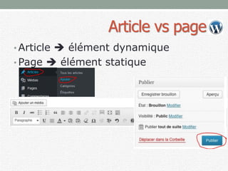 Article vs page
• Article  élément dynamique
• Page  élément statique
 