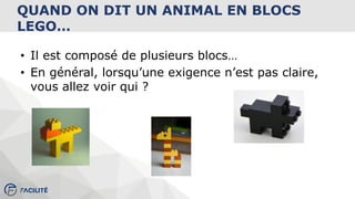 QUAND ON DIT UN ANIMAL EN BLOCS
LEGO…
• Il est composé de plusieurs blocs…
• En général, lorsqu’une exigence n’est pas claire,
vous allez voir qui ?
 