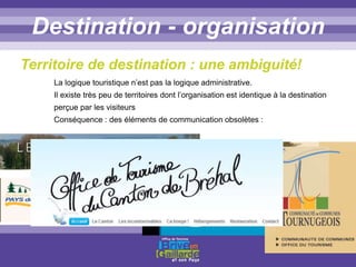 Titre titre titreDestination - organisation
La logique touristique n’est pas la logique administrative.
Il existe très peu de territoires dont l’organisation est identique à la destination
perçue par les visiteurs
Conséquence : des éléments de communication obsolètes :
Territoire de destination : une ambiguité!
 