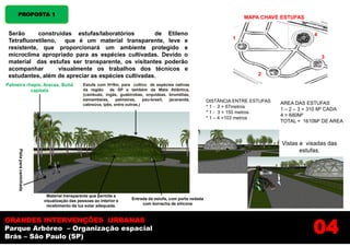 PROPOSTA 1
                                                                                                                          MAPA CHAVE ESTUFAS


 Serão      construídas estufas/laboratórios        de Etileno                                                                                     4
 Tetrafluoretileno, que é um material transparente, leve e                                                            1
 resistente, que proporcionará um ambiente protegido e
 microclima apropriado para as espécies cultivadas. Devido o                                                                                           3
 material das estufas ser transparente, os visitantes poderão
 acompanhar        visualmente os trabalhos dos técnicos e
 estudantes, além de apreciar as espécies cultivadas.                                                                          2

Palmeira rhapis, Arecas, Butiá                 Estufa com H=9m, para cultivo de espécies nativas
           capitata                            da região    de SP e também da Mata Atlântica,
                                               (cambuás, ingás, guabirobas, orquídeas, bromélias,
                                               samambaias,      palmeiras,    pau-brasil, jacarandá,         DISTÂNCIA ENTRE ESTUFAS
                                               cabreúva, ipês, entre outras,)                                                          AREA DAS ESTUFAS
                                                                                                             * 1 - 2 = 67metros
                                                                                                                                       1 – 2 – 3 = 310 M² CADA
                                                                                                             * 1 - 3 = 150 metros
                                                                                                                                       4 = 680M²
                                                                                                             * 1 – 4 =103 metros
                                                                                                                                       TOTAL = 1610M² DE AREA



                                                                                                                                       Vistas e visadas das
                                                                                                                                              estufas.
     Pista para caminhada




                             Material transparente que permite a
                            visualização das pessoas ao interior e     Entrada da estufa, com porta vedada
                             recebimento da luz solar adequada.             com borracha de silicone




                                                                                                                                                   04
GRANDES INTERVENÇÕES URBANAS
Parque Arbóreo – Organização espacial
Brás – São Paulo (SP)
 