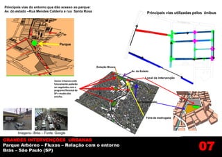 Principais vias do entorno que dão acesso ao parque:
Av. do estado –Rua Mendes Caldeira e rua Santa Rosa                               Principais vias utilizadas pelos ônibus




                                 Parque




                                                       Estação Mooca
                                                                       Av. do Estado

                                                                                 Local da intervenção
                             Vazios Urbanos onde
                             futuramente poderão
                             ser vegetados com o
                             programa florestal de
                             SP e mudas das
                             estufas.

                                                                           Rio tamanduateí




                                                                                  Feira da madrugada




       Imagens– Brás – Fonte: Google

GRANDES INTERVENÇÕES URBANAS
Parque Arbóreo – Fluxos – Relação com o entorno
Brás – São Paulo (SP)                                                                                          07
 