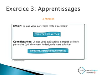 3 Minutes
Besoin: Ce que votre partenaire tente d’accomplir
Connaissances: Ce que vous avez appris à propos de votre
partenaire (qui alimentera le design de votre solution
Cherchez les verbes
émotions/perceptions/croyances
 