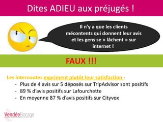Dites ADIEU aux préjugés !
Les internautes expriment plutôt leur satisfaction :
- Plus de 4 avis sur 5 déposés sur TripAdvisor sont positifs
- 89 % d’avis positifs sur Lafourchette
- En moyenne 87 % d’avis positifs sur Cityvox
 