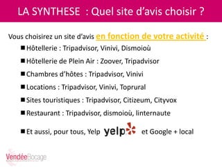 LA SYNTHESE : Quel site d’avis choisir ?
Vous choisirez un site d’avis en fonction de votre activité :
Hôtellerie : Tripadvisor, Vinivi, Dismoioù
Hôtellerie de Plein Air : Zoover, Tripadvisor
Chambres d’hôtes : Tripadvisor, Vinivi
Locations : Tripadvisor, Vinivi, Toprural
Sites touristiques : Tripadvisor, Citizeum, Cityvox
Restaurant : Tripadvisor, dismoioù, linternaute
Et aussi, pour tous, Yelp et Google + local
 