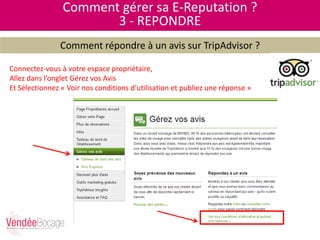 Comment gérer sa E-Reputation ?
3 - REPONDRE
Comment répondre à un avis sur TripAdvisor ?
Connectez-vous à votre espace propriétaire,
Allez dans l’onglet Gérez vos Avis
Et Sélectionnez « Voir nos conditions d’utilisation et publiez une réponse »
 