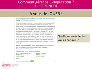 Comment gérer sa E-Reputation ?
3 - REPONDRE
A vous de JOUER !
Quelle réponse feriez-
vous à cet avis ?
 