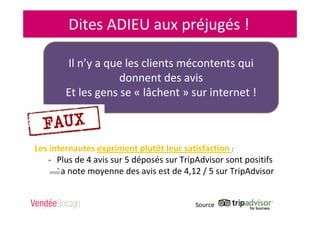 Dites ADIEU aux préjugés !
Les internautes expriment plutôt leur satisfaction :
- Plus de 4 avis sur 5 déposés sur TripAdvisor sont positifs
La note moyenne des avis est de 4,12 / 5 sur TripAdvisor
Source
Il n’y a que les clients mécontents qui
donnent des avis
Et les gens se « lâchent » sur internet !
 