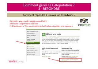 Comment gérer sa E-Reputation ?
3 - REPONDRE
Comment répondre à un avis sur Tripadvisor ?
Connectez-vous à votre espace propriétaire,
Allez dans l’onglet Gérez vos Avis
Et Sélectionnez « Voir nos conditions d’utilisation et publiez une réponse »
 