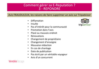 Comment gérer sa E-Reputation ?
3 - REPONDRE
Avis FRAUDULEUX, les raisons de faire supprimer un avis sur Tripadvisor
• Diffamation
• Insulte
• Pas d’intérêt pour la communauté
• Promotion dans l’avis
• Placé au mauvais endroit
• Rénovations
• Changement de propriétaire
• Changement d’enseigne
• Mauvaise rédaction
• En cas de chantage
• Date de publication
• Pas écrit par un véritable voyageur
• Avis d’un concurrent
 
