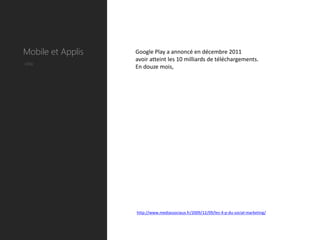 Mobile et Applis   Google Play a annoncé en décembre 2011
                   avoir atteint les 10 milliards de téléchargements.
Utile
                   En douze mois,




                   http://www.mediassociaux.fr/2009/12/09/les-4-p-du-social-marketing/
 