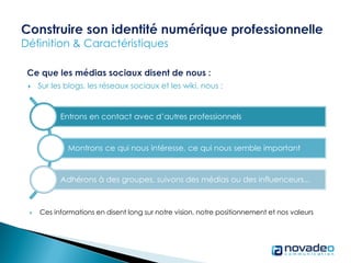  Sur les blogs, les réseaux sociaux et les wiki, nous :
 Ces informations en disent long sur notre vision, notre positionnement et nos valeurs
Entrons en contact avec d’autres professionnels
Montrons ce qui nous intéresse, ce qui nous semble important
Adhérons à des groupes, suivons des médias ou des influenceurs...
 
