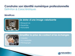 Se doter d’une image valorisante
• Eloquence
• Expertise
• Notoriété
Simplifier la prise de contact et les échanges
• Visibilité
• Accessibilité
• Pédagogie
 