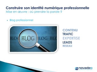  Blog professionnel
CONTENU
TRAFIC
EXPERTISE
LEADS
RESEAU
 