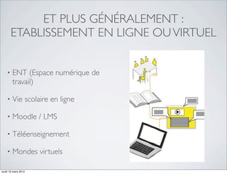 ET PLUS GÉNÉRALEMENT :
        ETABLISSEMENT EN LIGNE OU VIRTUEL


    •   ENT (Espace numérique de
        travail)

    •   Vie scolaire en ligne

    •   Moodle / LMS

    •   Téléenseignement

    •   Mondes virtuels

lundi 19 mars 2012
 