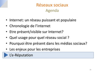 Réseaux sociaux
                         Agenda

•   Internet: un réseau puissant et populaire
•   Chronologie de l’internet
•   Etre présent/visible sur Internet?
•   Quel usage pour quel réseau social ?
•   Pourquoi être présent dans les médias sociaux?
•   Les enjeux pour les entreprises
•   L’e-Réputation


                                                     18
 
