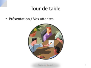 Tour de table
• Présentation / Vos attentes




                   Réalisé par JConseil   4
 