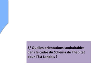 3/ Quelles orientations souhaitables
dans le cadre du Schéma de l’habitat
pour l’Est Landais ?
 