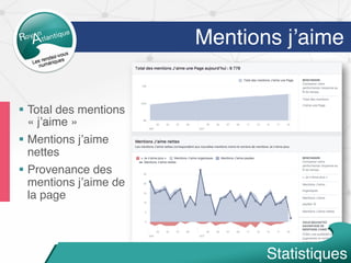 Mentions j’aime
§  Total des mentions
« j’aime »
§  Mentions j’aime
nettes
§  Provenance des
mentions j’aime de
la page
Statistiques
 