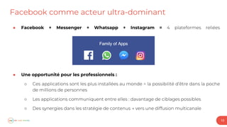 Facebook comme acteur ultra-dominant
10
● Facebook + Messenger + Whatsapp + Instagram =
● Une opportunité pour les professionnels :
○
○
○
 