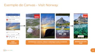 68
Exemple de Canvas - Visit Norway
POST
FACEBOOK
EXPÉRIENCE CANVAS, FORMAT EMBARQUÉ DANS FACEBOOK
vidéo autoplay, image portrait, carrousel offres, photo 360°...
REDIRECTION SITE
WEB
 