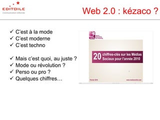 C’est à la mode C’est moderne C’est techno Mais c’est quoi, au juste ? Mode ou révolution ? Perso ou pro ? Quelques chiffres… Web 2.0 : kézaco ? 