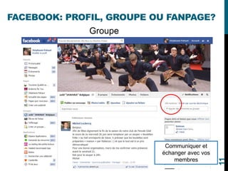 Groupe
Communiquer et
échanger avec vos
membres
FACEBOOK: PROFIL, GROUPE OU FANPAGE?
11
 
