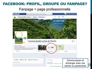 Fanpage = page professionnelle
Communiquer et
échanger avec vos
clients ou partenaires
FACEBOOK: PROFIL, GROUPE OU FANPAGE?
12
 