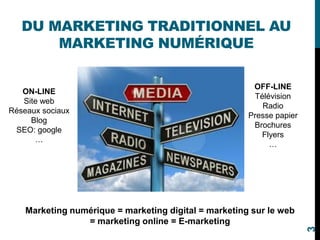 DU MARKETING TRADITIONNEL AU
MARKETING NUMÉRIQUE
OFF-LINE
Télévision
Radio
Presse papier
Brochures
Flyers
…
ON-LINE
Site web
Réseaux sociaux
Blog
SEO: google
…
Marketing numérique = marketing digital = marketing sur le web
= marketing online = E-marketing
3
 
