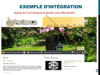 EXEMPLE D’INTÉGRATION
Ajoutez le F de Facebook et ajoutez votre URL derrière
32
 