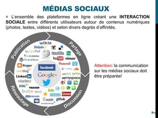 = L’ensemble des plateformes en ligne créant une INTERACTION
SOCIALE entre différents utilisateurs autour de contenus numériques
(photos, textes, vidéos) et selon divers degrés d’affinités.
MÉDIAS SOCIAUX
Attention: la communication
sur les médias sociaux doit
être préparée!
7
 