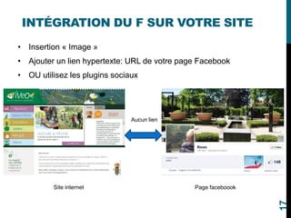 INTÉGRATION DU F SUR VOTRE SITE
• Insertion « Image »
• Ajouter un lien hypertexte: URL de votre page Facebook
• OU utilisez les plugins sociaux
Aucun lien
Page faceboookSite internet
17
 