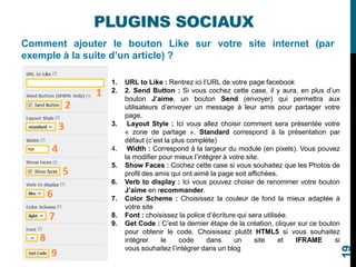 Comment ajouter le bouton Like sur votre site internet (par
exemple à la suite d’un article) ?
PLUGINS SOCIAUX
1. URL to Like : Rentrez ici l’URL de votre page facebook
2. 2. Send Button : Si vous cochez cette case, il y aura, en plus d’un
bouton J’aime, un bouton Send (envoyer) qui permettra aux
utilisateurs d’envoyer un message à leur amis pour partager votre
page.
3. Layout Style : Ici vous allez choisir comment sera présentée votre
« zone de partage ». Standard correspond à la présentation par
défaut (c’est la plus complète)
4. Width : Correspond à la largeur du module (en pixels). Vous pouvez
la modifier pour mieux l’intégrer à votre site.
5. Show Faces : Cochez cette case si vous souhaitez que les Photos de
profil des amis qui ont aimé la page soit affichées.
6. Verb to display : Ici vous pouvez choisir de renommer votre bouton
J’aime en recommander.
7. Color Scheme : Choisissez la couleur de fond la mieux adaptée à
votre site
8. Font : choisissez la police d’écriture qui sera utilisée.
9. Get Code : C’est la dernier étape de la création, cliquer sur ce bouton
pour obtenir le code. Choisissez plutôt HTML5 si vous souhaitez
intégrer le code dans un site et IFRAME si
vous souhaitez l’intégrer dans un blog
19
 