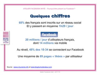 Source : www.e-tourisme.info et www.blogdumoderateur.com 
ATELIER FACEBOOK INITIÉ - Pourquoi être présent sur Facebook ? 
Atelier Facebook initié - 20/11/14 
68% des français sont inscrits sur un réseau social 
Et y passent en moyenne 1h29 / jour 
20 millions / jour d’utilisateurs français, dont 14 millions via mobile Au réveil, 48% des 18-34 se connectent sur Facebook 
Une moyenne de 89 pages « likées » par utilisateur 
Quelques chiffres  