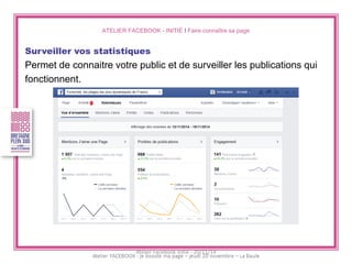 ATELIER FACEBOOK - INITIÉ I Faire connaître sa page 
Surveiller vos statistiques 
Permet de connaitre votre public et de surveiller les publications qui 
fonctionnent. 
Atelier Facebook initié - 20/11/14  