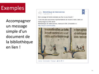 Accompagner
un message
simple d’un
document de
la bibliothèque
en lien !
74
Exemples
 