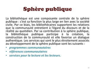 Sphère publique
La bibliothèque est une composante centrale de la sphère
publique : c’est sa fonction la plus large en lie...