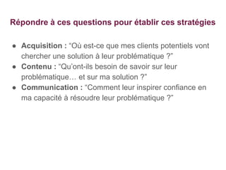 Répondre à ces questions pour établir ces stratégies
● Acquisition : “Où est-ce que mes clients potentiels vont
chercher une solution à leur problématique ?”
● Contenu : “Qu’ont-ils besoin de savoir sur leur
problématique… et sur ma solution ?”
● Communication : “Comment leur inspirer confiance en
ma capacité à résoudre leur problématique ?”
 