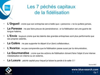 Les 7 péchés capitaux
                               de la fidélisation

-   L’Orgueil : croire que son entreprise est si belle que « personne » ne la quittera jamais,
-   La Paresse : ne pas faire preuve de persévérance ; or la fidélisation est une guerre de
    longue haleine,

-   L’Envie : toujours croire que les talents des grandes entreprises sont plus performants que
    ses propres salariés,

-   La Colère : ne pas supporter le départ d’un (bon) collaborateur,
-   L’Avarice : ne pas comprendre que la fidélisation passe aussi par la rémunération,
-   La Gourmandise : croire que les actions de fidélisation doivent faire l’objet d’une intense
    médiatisation en interne ou en externe,

-   La Luxure : péché capital pour lequel je laisse la parole à la salle  !
                                                                                          Source BSC


                                                                        www.blue-search.com
                                                                                       10
                                                                                         Gp 10
                                                                                            7
 