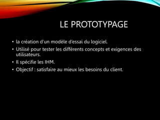 LE PROTOTYPAGE
• la création d’un modèle d’essai du logiciel.
• Utilisé pour tester les différents concepts et exigences des
utilisateurs.
• Il spécifie les IHM.
• Objectif : satisfaire au mieux les besoins du client.
 